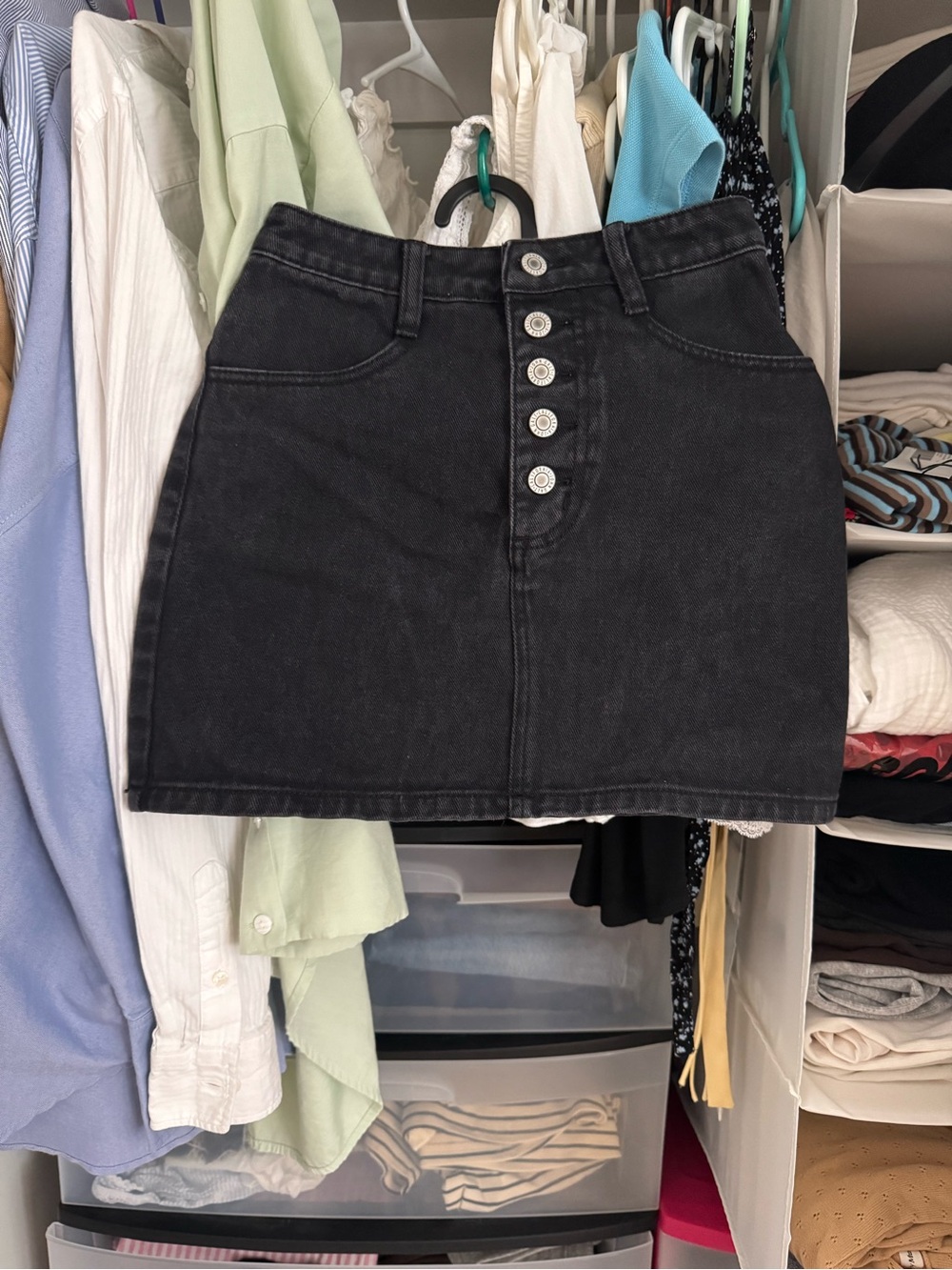 Brandy Melville- Black Button-Front Denim Mini Skirt